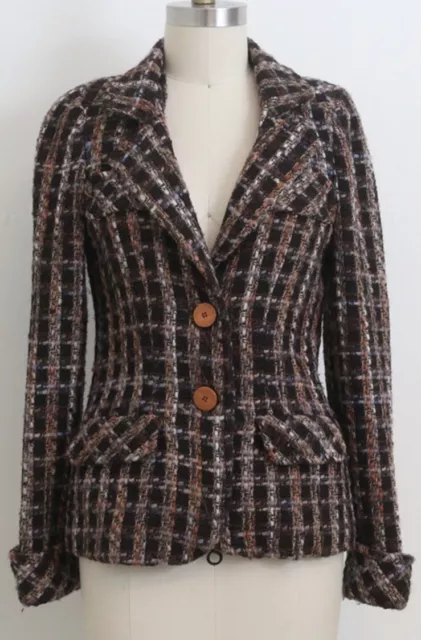 Anna Sui Tweed Brown/Tan Womens Lined Wool Mix Blazer Buttons Pockets Size 6