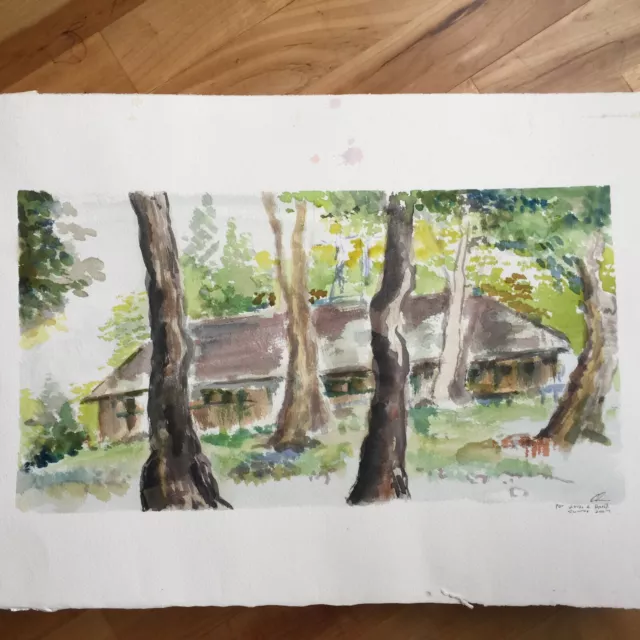 Watercolor Painting : Summer 2007 Scenery of a House & Trees Signed 22"L x14.5"W