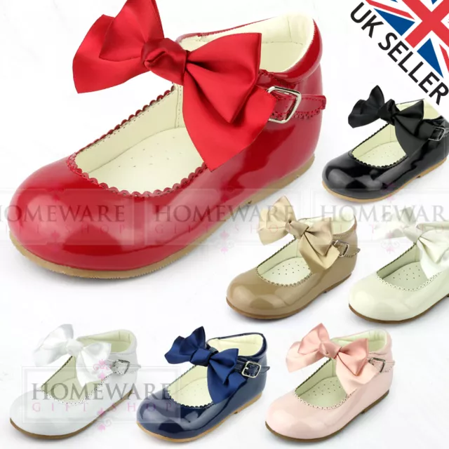 Girls Babys Spanish Style Bow Shoes Mary Jane Patent Red Pink Camel Black White