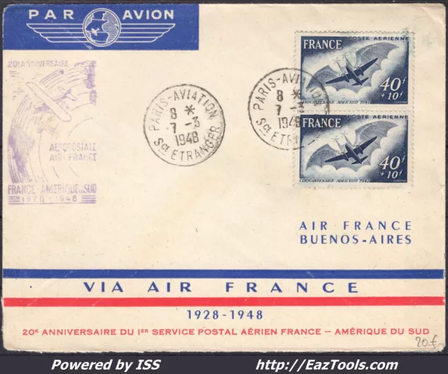 France Pa N°23 En Paire Sur Lettre Par Avion Avec Cad De Paris Du 07/03/1948