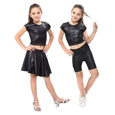 Girls Wet Look Outfit Crop Tops Cycling Shorts Skirt Metallic Black Shiny Set