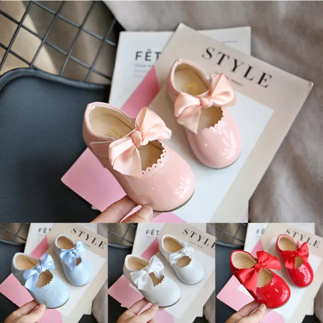 Kids Baby Girls Ribbon Bow Spanish Wedding Party Patent Infants Toodler Shoes Uk
