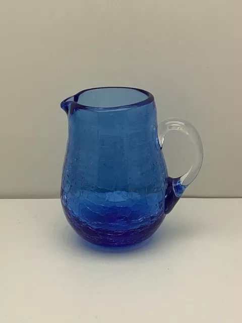 Hand Blown Blue Pilgrim Crackle Glass Mini Pitcher With Applied Handle