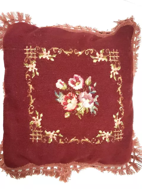 Vintage Custom Pillow Flower Bouquet Floral Wool Embroidery Fringe 15x14”