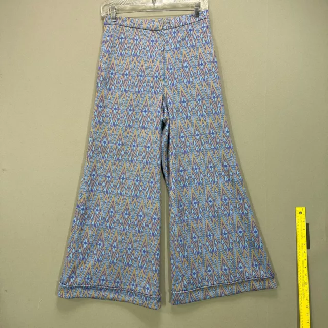 VTG 70s Womens Big Bell Bottoms High Waist Flare All Over Print Diamond Blue 27"