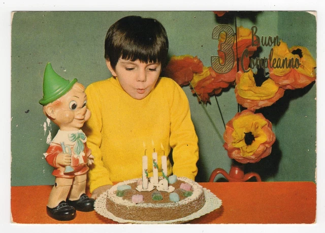 BUON COMPLEANNO - Bimbo con torta e Pinocchio ('70) - Cartolina di ...
