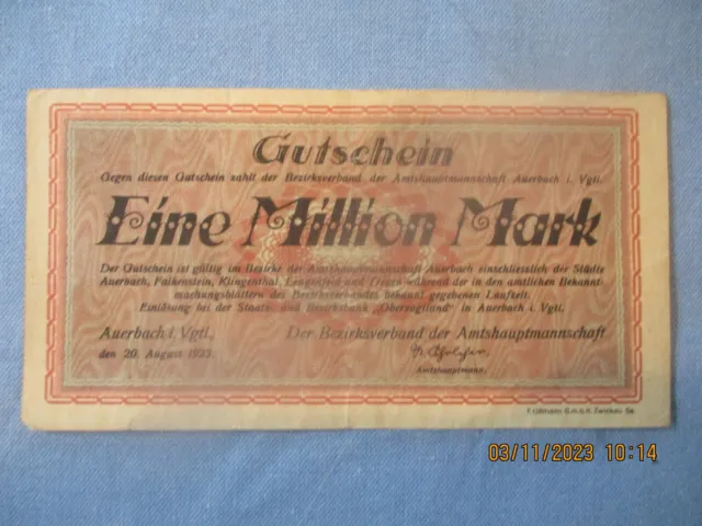 Notgeld: Gutschein zu EINE MILLION Mark, Bezirksverband Auerbach/Vogtl. 20.8.23