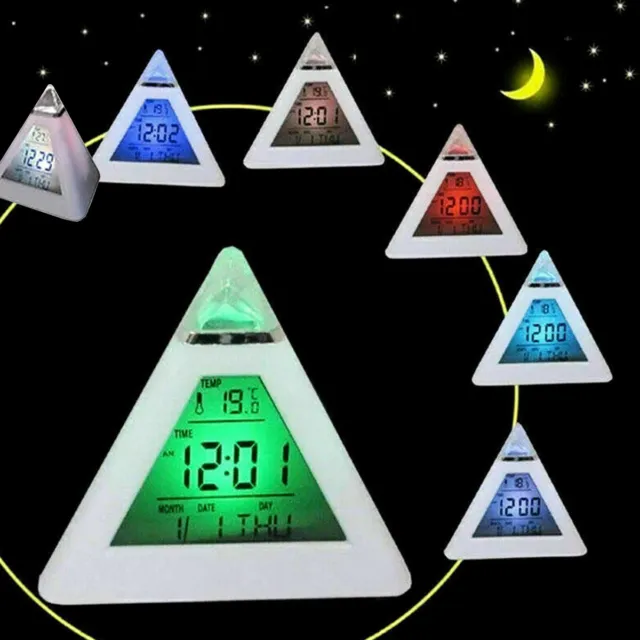 LED Digital Alarm Clock Pyramid Night Light Color Changing Desk Clock> LT7