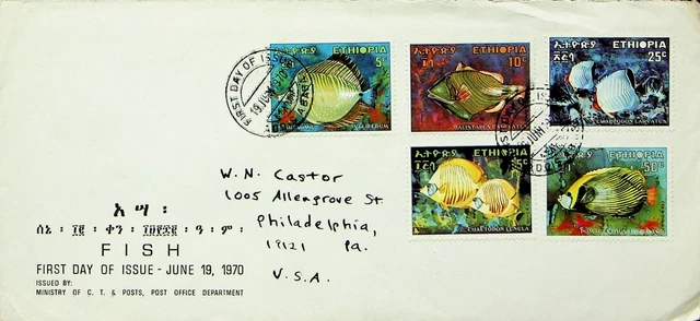Sephil Äthiopien 1970 Fisch 5v Auf FDC Addis Abeba Sich Philadelphia Pa USA +
