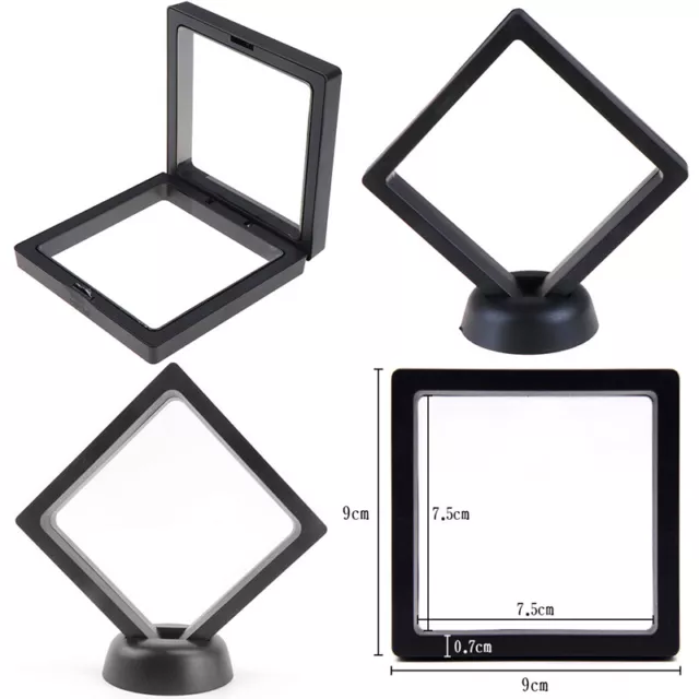 90*90mm Black 3D floating jewelry coin display frame holder box case w/ stand^ob