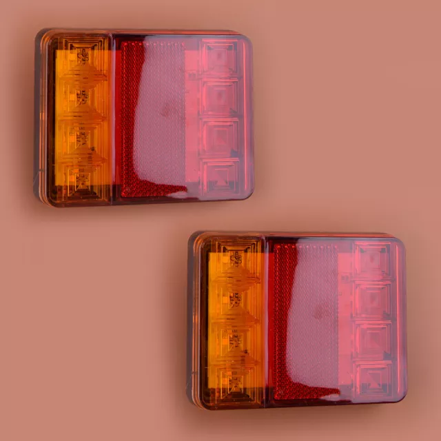 2Pcs Square Trailer Truck 8LED Tail Lights Brake Turn Signal Lamp Amber+Red