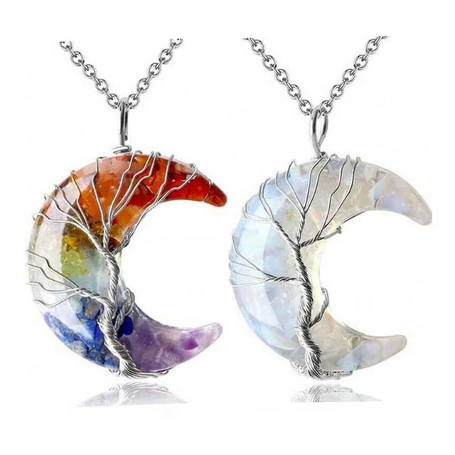 Crystal Quartz Crescent Moon Necklace Tree of Life Wire Wrapped Pendant Healing