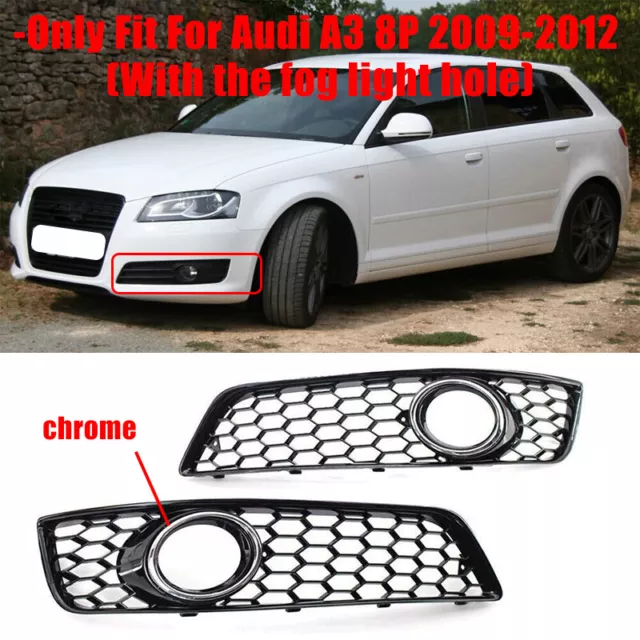 Pair Honeycomb Front Bumper Fog Light Lamp Grille Cover For Audi A3 8P 2009-12