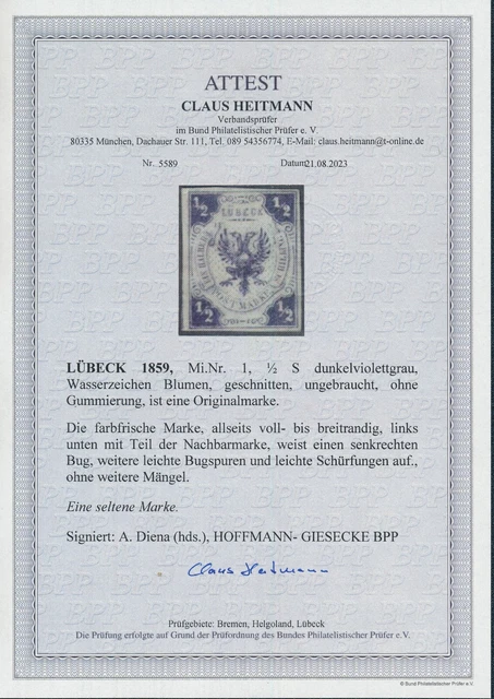 Lübeck 1859, MiNr 1 *, FA Heitmann BPP: selten, Mi 2800,-