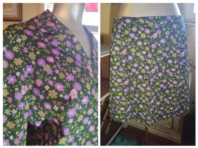 Smart Mod Vintage 60s Green Purple Floral College Town Skirt Blazer 2 Pc Suit M