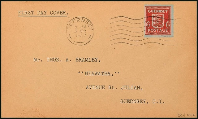 12605) Guernsey 5 Brief dunkelrot FDC GUERNSEY 9. APR. 1942 Pracht
