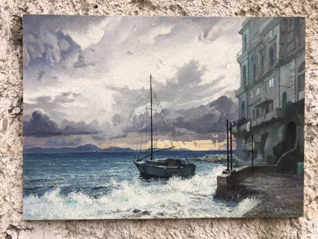 Quadro vintage -Marina Napoli- dipinto a olio su tela