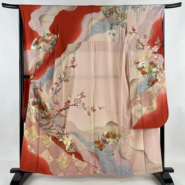 Japanese Kimono Furisode Pure Silk Lined Kimono Fan Chrysanthemum Madder Red