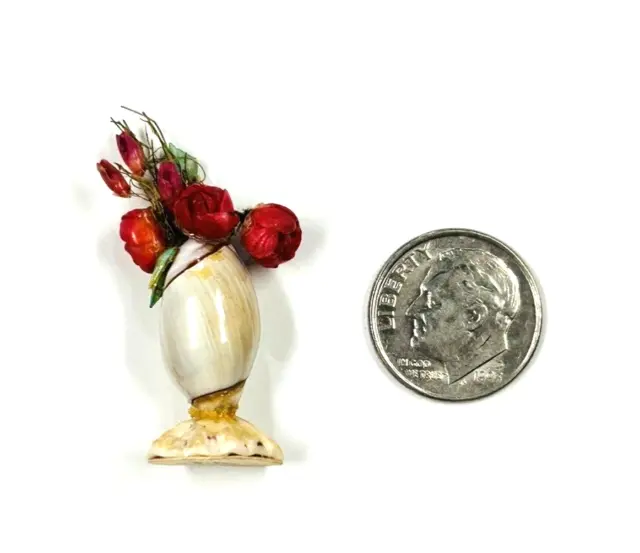 Dollhouse Miniature Handmade Seashell Vase with Flowers Artisan Signed