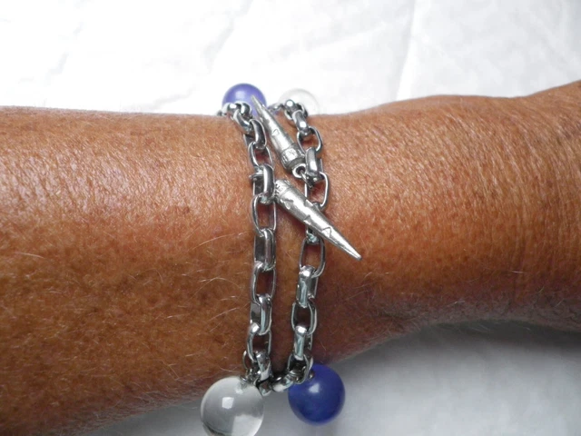 Bracelet 6 Rangs Biche De Bere - Argenté Et Perles Blanches - Vintage Années 90