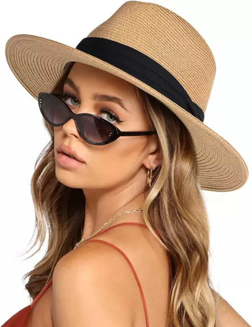 Womens Mens Hats Wide Brim Straw Panama Hat Fedora Summer Beach Sun