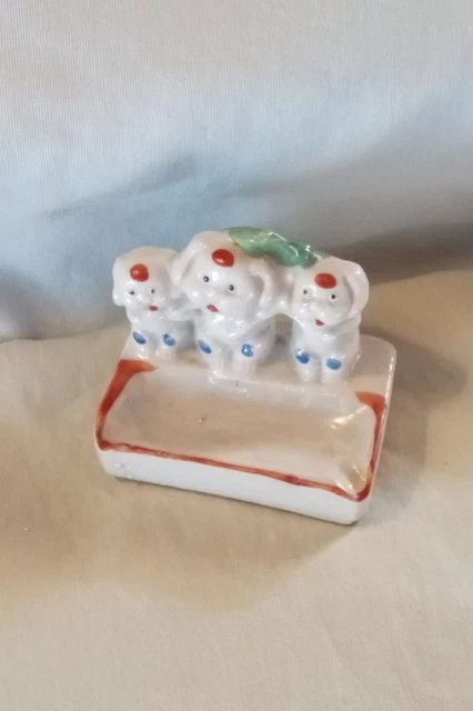 Cute Puppy dogs figurine  Novelity Ashtray Made in Japan ceramic Figure MIJ Vtg.