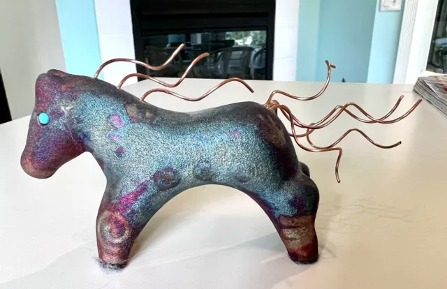 Jeremy Diller Signed Raku Art Pottery Spirit Pony W Copper Mane/Tail Turquoise