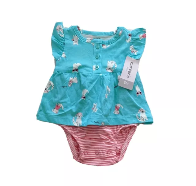 Carters Baby Girl Dog Print Blue Pink Bodysuit Dress NEW Size 3M 3 Months Cotton