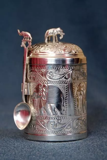 Tea Caddy Brass Ceylon Sugar Coffee Silver Color Brassware Carved Set of 3 New