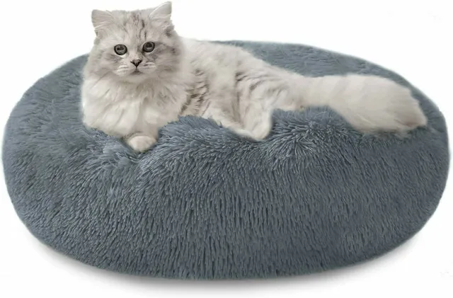 Donut Plush Pet Dog Cat Bed Fluffy Soft Warm Puppy Calming Bed Kennel Nest, Grey