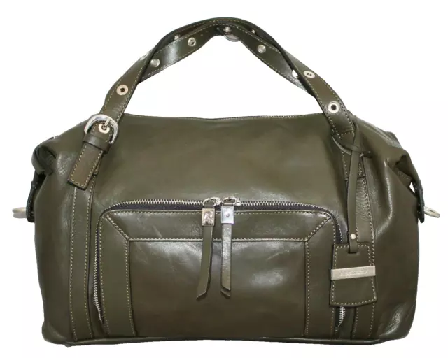 A BELLUCCI Green Leather Convertible Satchel Duffle Grommet Detail Silver Hdwr