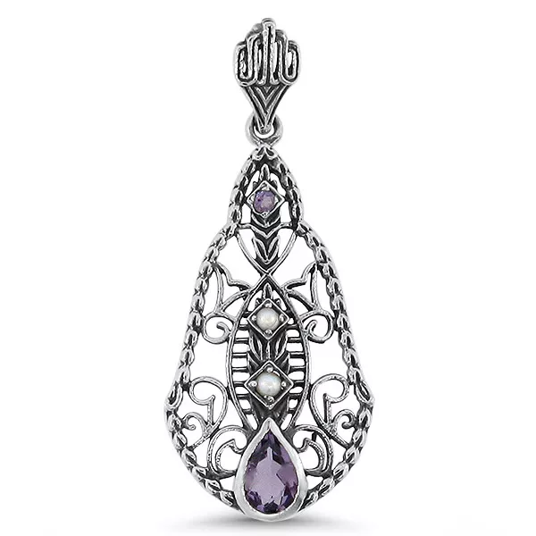 Genuine Amethyst Pearl 925 Sterling Silver Classic Victorian Style Pendant  #606