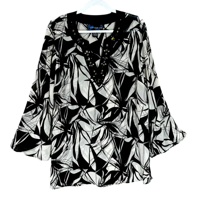 Susan Graver Womens Tunic Top Size 1X Black White Print Semi Sheer Beaded V Neck