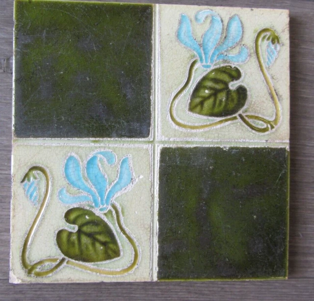 2 Victorian/Edwardian fireplace tiles hand painted, Art Nouveau