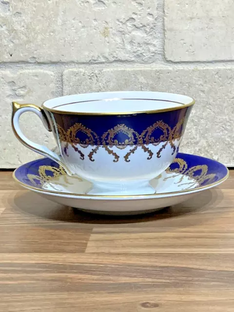 Vintage Aynsley Cobalt Blue Cabbage Rose 2146 Bone China Tea Cup Saucer Set