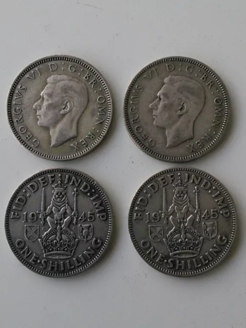 One shilling George VI silver coins 1945. 4 coins