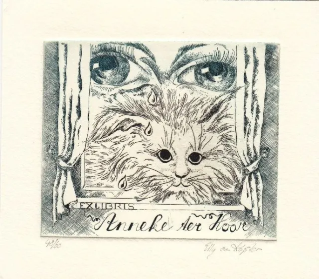 Exlibris Bookplate Radierung Elly de Koster 1948-2015 Katze Augen Fenster