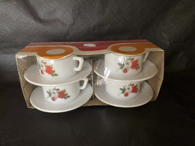 Lot de 4 Tasses avec Soucoupes 14 cl ARCOPAL Décor Roses Rouges NEUF