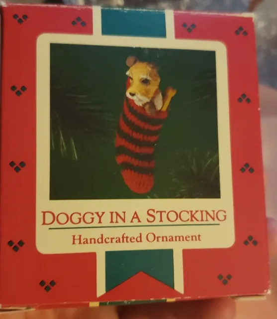 1985 Hallmark Keepsake Ornament Doggy in a Stocking Terrier Puppy NIB NEW IN SLD