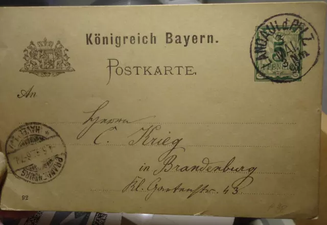 Postkarte Landau / Pfalz 3.5.1892 nach Brandenburg