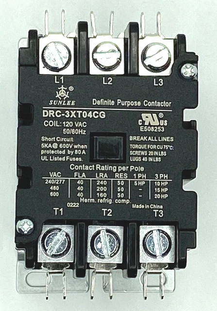 Sunlee Definite Purpose Contactor DRC-3XT04CG 120VAC 5KA at 600V FLA 40 RES 50