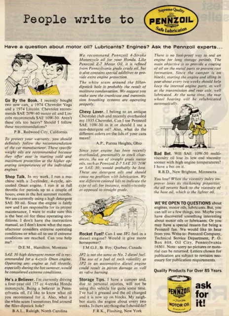 1974 Vintage Print Ad People Write to Pennzoil Motor Oil Ask For It Lubricants