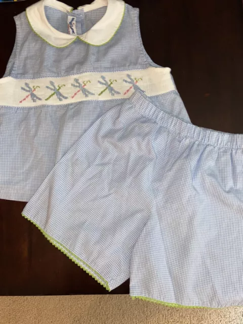 Silly Goose Smocked Dragonfly Gingham Shorts Top Set Girls Size 6