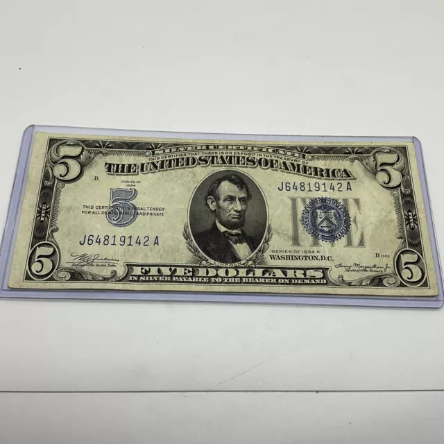 1934-A Five Dollar BLUE Seal Silver Certificate $5 Old US Bill AU J64819142A