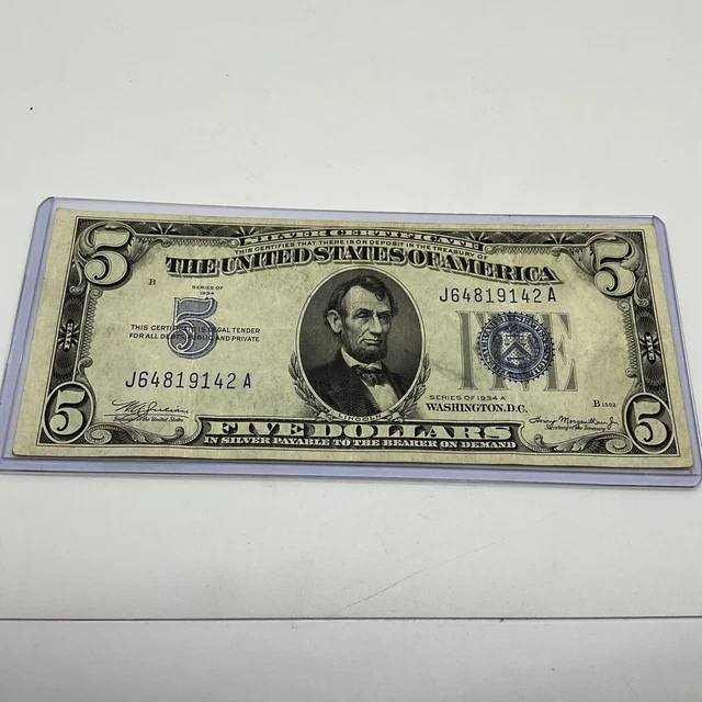 1934-A Five Dollar BLUE Seal Silver Certificate $5 Old US Bill AU J64819142A