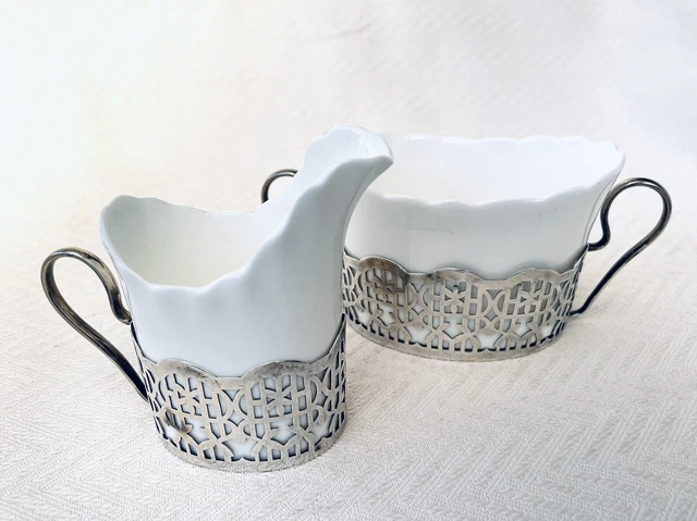 COALPORT CERAMIC SUGAR BASIN & CREAM JUG IN SILVER HOLDERS- Birmingham, 1926