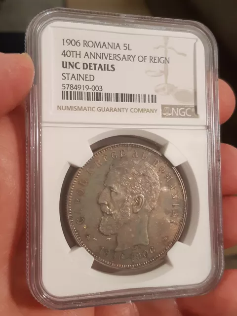 5 Lei 1906 , Carol I, Romania, Rumänien,Silver, Silber, NGC UNC DETAILS STAINED 3