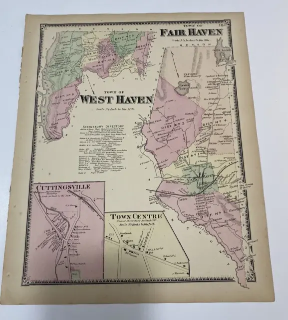 VINTAGE  Hand-Colored F W Beers Map Atlas - Fair Haven ++ VERMONT 1869