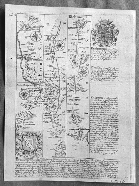 1720 Emmanuel Bowen Antique British Road Map - Barnsley to Richmond in Yorkshire 2