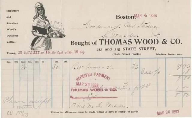 Boston Massachusetts 1898 Duchess Coffee illustrated antique billhead